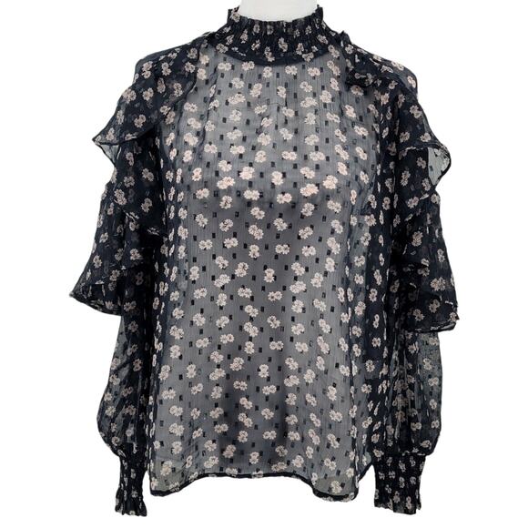 Anthropologie Tops - Anthropologie Black Sheer Floral Ruffle Blouse